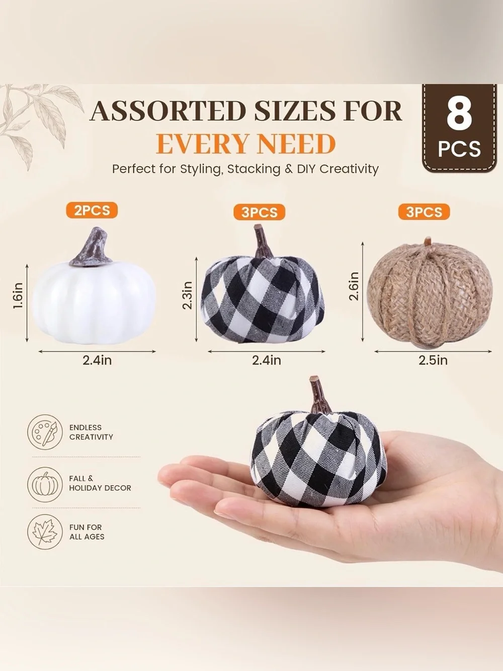 DomeStar 8 Pc Mini Pumpkins Black White Plaid Burlap Farmhouse Fall Decor